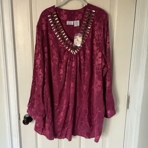NEW ONLY NECESSITIES PLUS 3X DEEP WINE 100%RAYON  BEADS TUNIC V NECK